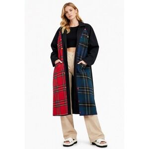 ANTHROPOLOGIE (GREY LAB LABEL) Black Plaid Patchwork Trench Coat Women size XL